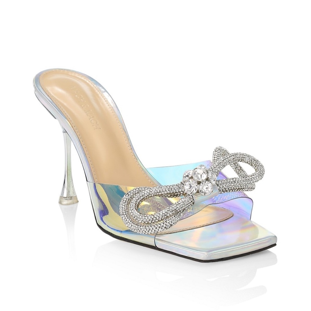 MACH & MACH Double Bow Iridescent PVC Mules Crystal embellished Pumps 7.5